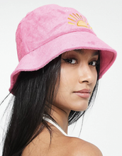 Load image into Gallery viewer, Adjustable Towelling Bucket Hat With Sunset In Hot Pink
