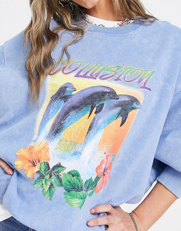 Unisex Sweatshirt With Dolphin Print In Blue Acid Wash